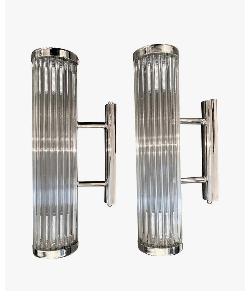 ITALIAN VENINI STYLE MURANO GLASS ROD, WALL SCONCES WITH CHROME FITTINGS