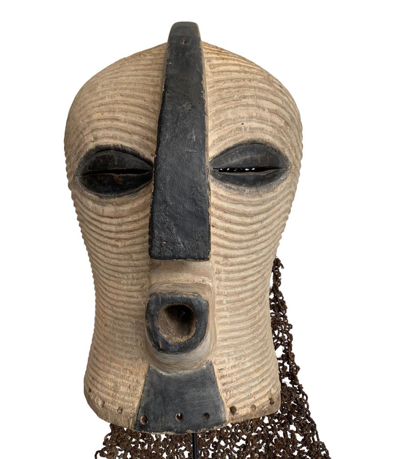 LARGE FEMALE SONGYE KIFWEBE CARVED WOODEN CEREMONIAL MASK WITH RAFFIA BACKING