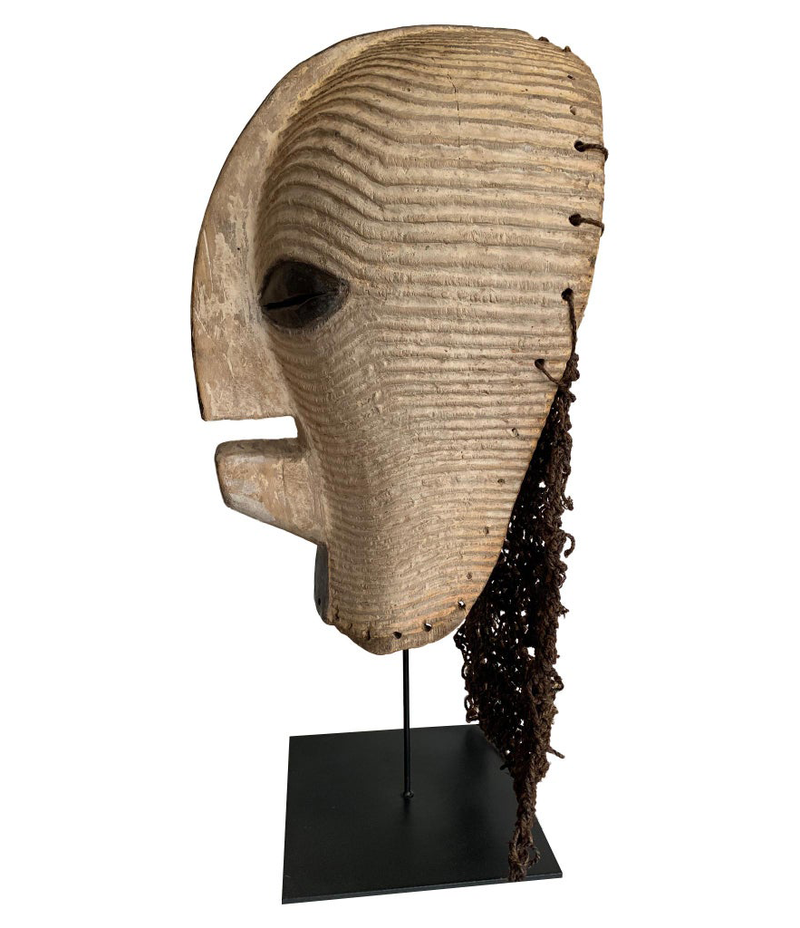 LARGE FEMALE SONGYE KIFWEBE CARVED WOODEN CEREMONIAL MASK WITH RAFFIA BACKING