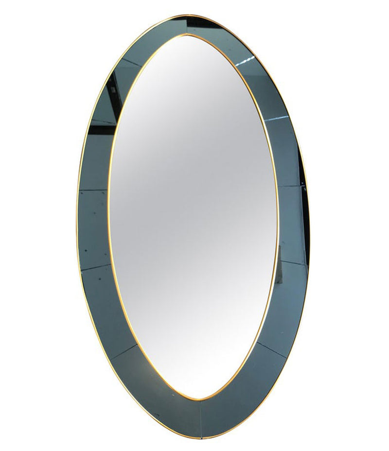 LARGE OVAL MIRROR IN THE MANNER OF CRISTAL ARTE WITH BLUE MIRROR SURROUND