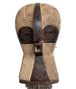 LARGE SONGYE KIFWEBE CARVED WOODEN CEREMONIAL OWL MASK WITH ORIGINAL RAFFIA