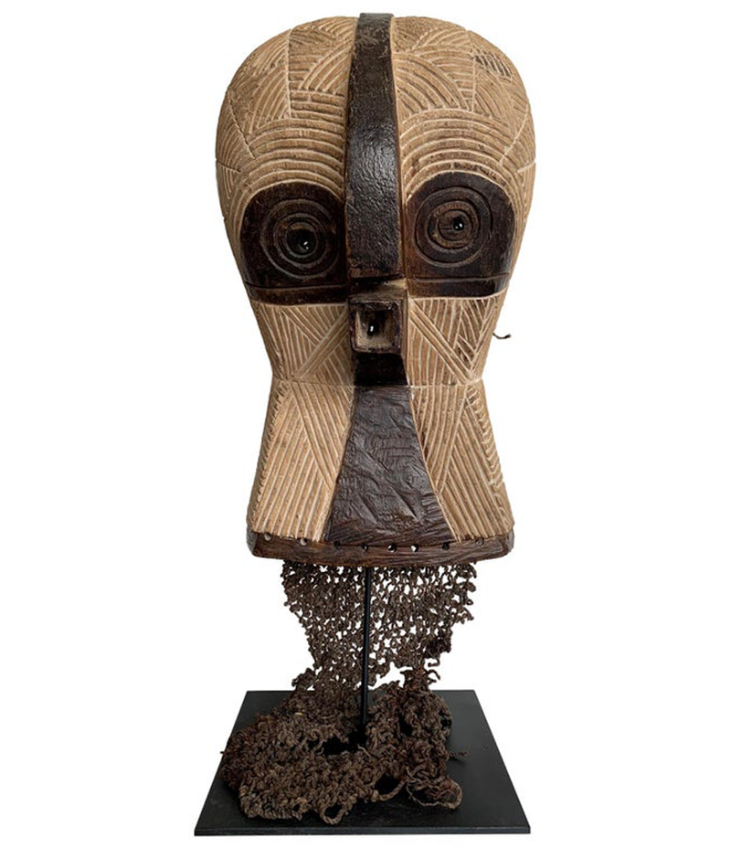 LARGE SONGYE KIFWEBE CARVED WOODEN CEREMONIAL OWL MASK WITH ORIGINAL RAFFIA