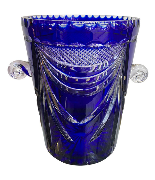 LARGE VAL ST LAMBERT COBALT BLUE CUT CRYSTAL CHAMPAGNE BUCKET