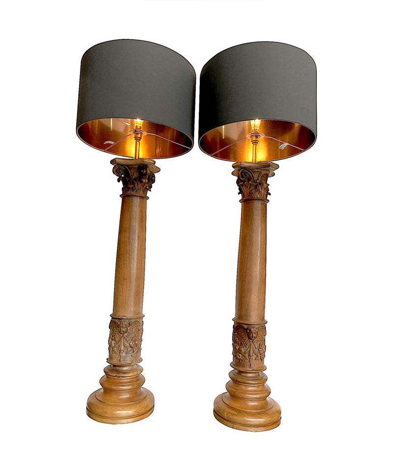 Pair of 19th Century Walnut Corinthian Column Lamps with Carved Cherubs – Ed Butcher Antiques