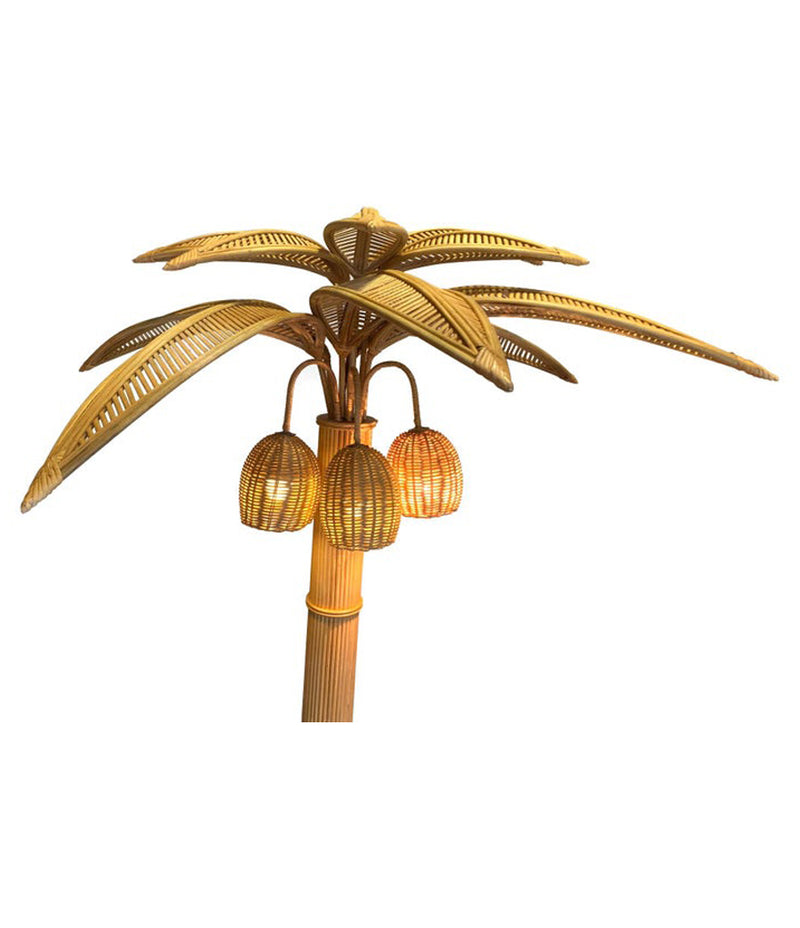 LARGE RATTAN PALM TREE FLOOR LIGHT, WITH THREE BULBS IN THE COCONUTS