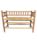 LOVELY 1890S ENGLISH OAK AND ELM BOBBIN BENCH SEAT WITH RUSH WOVEN SEAT