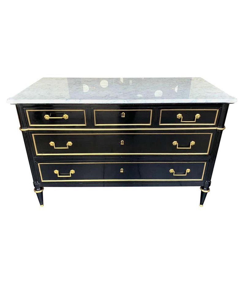 LOVELY ANTIQUE FRENCH LOUIS XVI STYLE EBONISED COMMODE WITH CARRARA MARBLE TOP