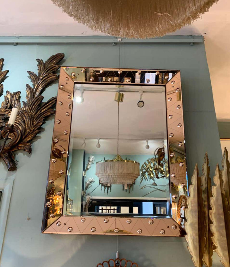 LOVELY ART DECO MIRROR WITH ROSE MIRRORED FRAME WITH CONVEX CIRCULAR DETAIL