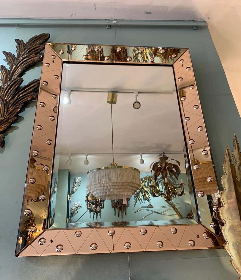 LOVELY ART DECO MIRROR WITH ROSE MIRRORED FRAME WITH CONVEX CIRCULAR DETAIL