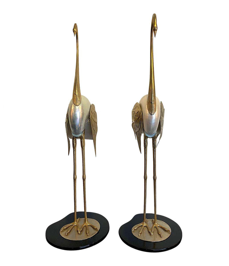 LOVELY PAIR OF 1970S BRASS AND REAL NAUTILUS SHELL FLAMINGOS BY ANTONIO PAVIA