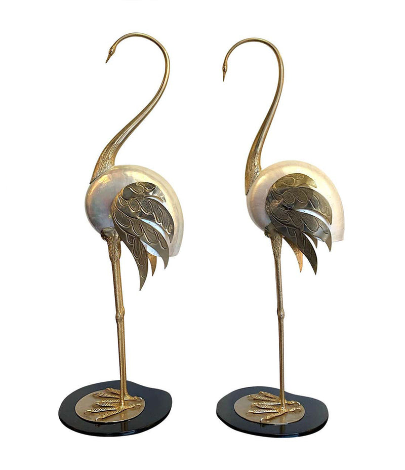 LOVELY PAIR OF 1970S BRASS AND REAL NAUTILUS SHELL FLAMINGOS BY ANTONIO PAVIA