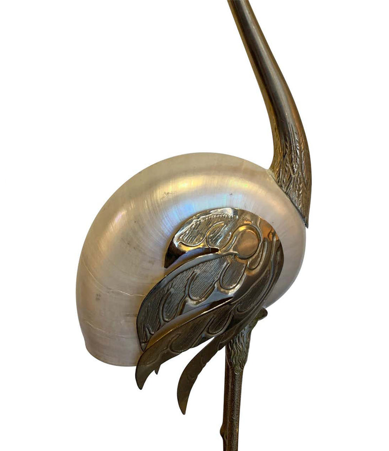 LOVELY PAIR OF 1970S BRASS AND REAL NAUTILUS SHELL FLAMINGOS BY ANTONIO PAVIA