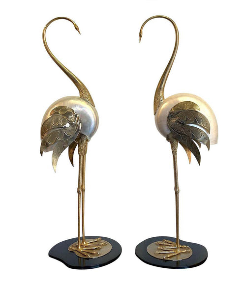 LOVELY PAIR OF 1970S BRASS AND REAL NAUTILUS SHELL FLAMINGOS BY ANTONIO PAVIA