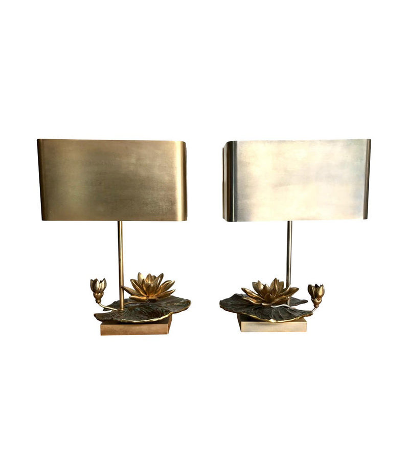 MAISON CHARLES “NENUPHAR DOUBLE ECRAN” BRONZE LAMP WITH ORIGNAL METAL SHADE