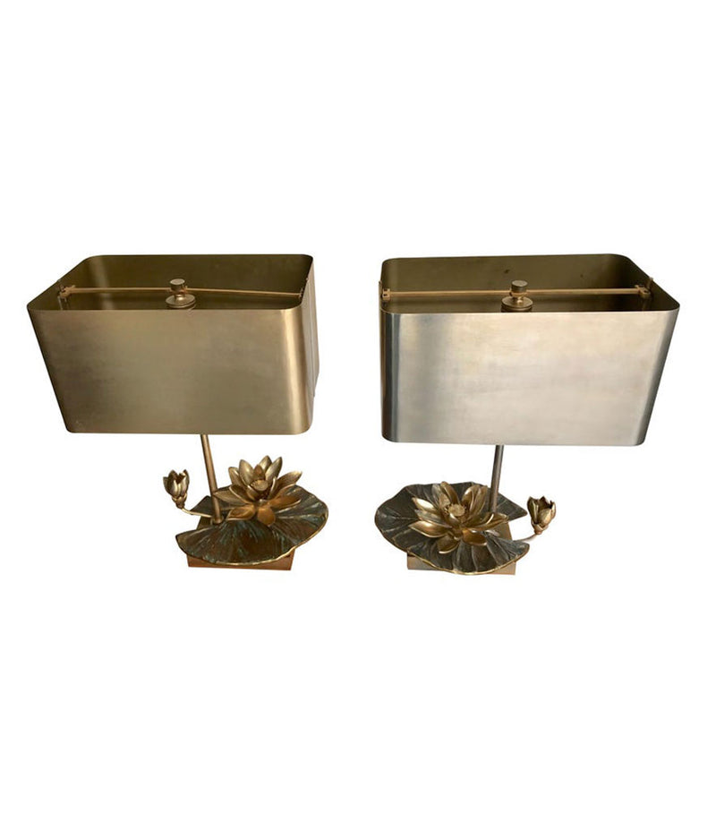 MAISON CHARLES “NENUPHAR DOUBLE ECRAN” BRONZE LAMP WITH ORIGNAL METAL SHADE