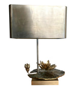 MAISON CHARLES “NENUPHAR DOUBLE ECRAN” BRONZE LAMP WITH ORIGNAL METAL SHADE