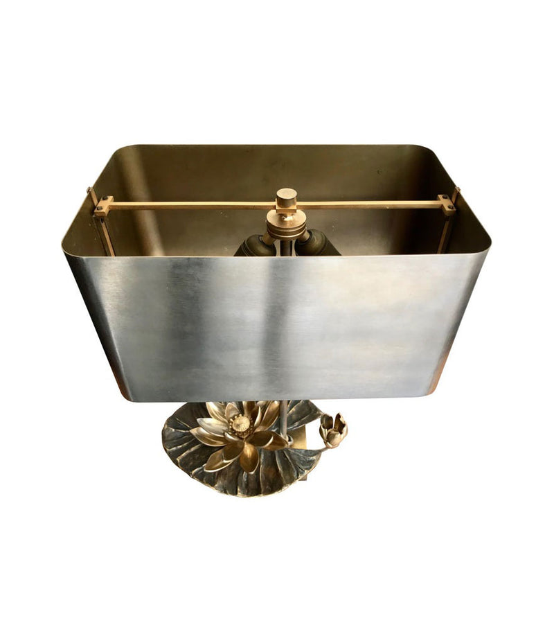 MAISON CHARLES “NENUPHAR DOUBLE ECRAN” BRONZE LAMP WITH ORIGNAL METAL SHADE