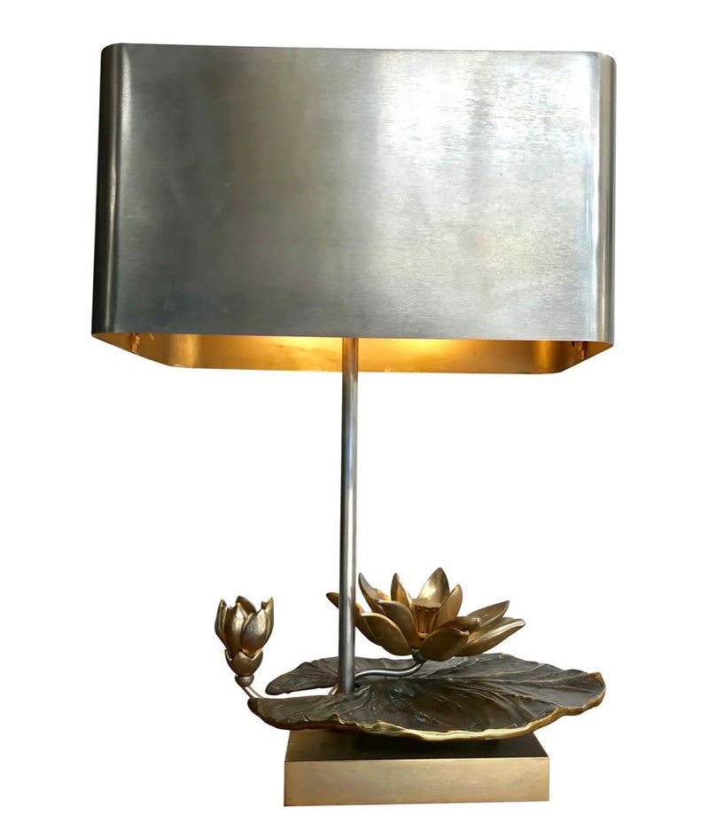 MAISON CHARLES “NENUPHAR DOUBLE ECRAN” BRONZE LAMP WITH ORIGNAL METAL SHADE