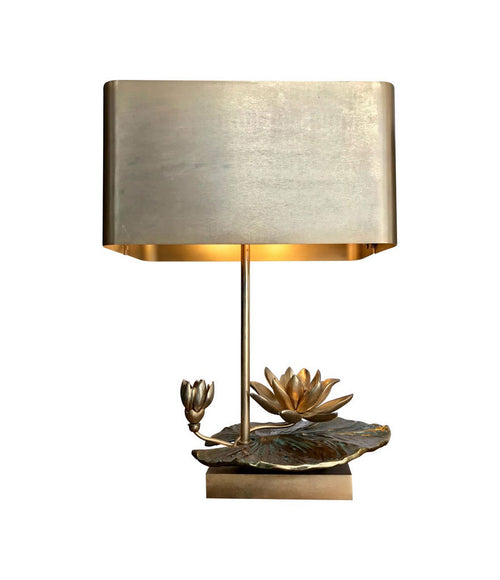 MAISON CHARLES “NENUPHAR DOUBLE ECRAN” BRONZE LAMP WITH ORIGNAL METAL SHADE