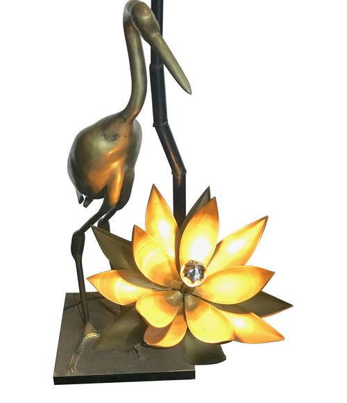 MAISON JANSEN SOLID BRASS CRANE FLOOR LAMP WITH LOTUS FLOWER LIGHTS