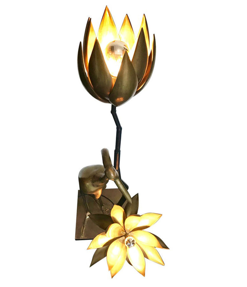 MAISON JANSEN SOLID BRASS CRANE FLOOR LAMP WITH LOTUS FLOWER LIGHTS