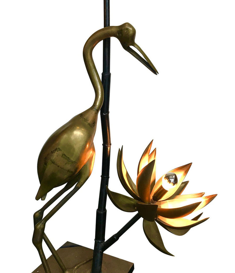 MAISON JANSEN SOLID BRASS CRANE FLOOR LAMP WITH LOTUS FLOWER LIGHTS