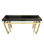 MAISON JANSEN STYLE BRASS AND BLACK LUCITE CONSOLE TABLE