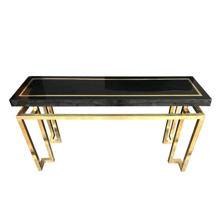 MAISON JANSEN STYLE BRASS AND BLACK LUCITE CONSOLE TABLE