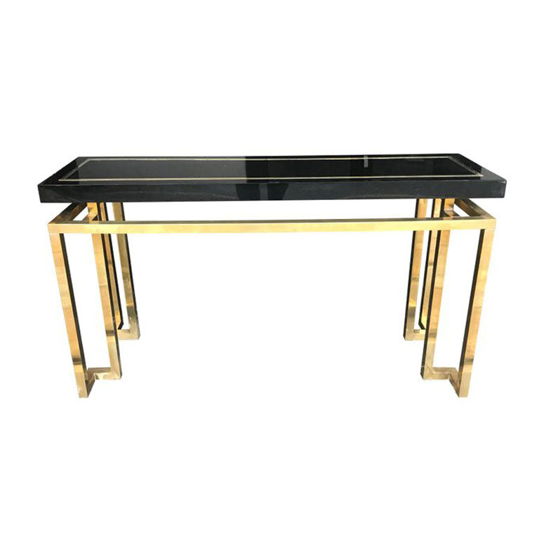 MAISON JANSEN STYLE BRASS AND BLACK LUCITE CONSOLE TABLE