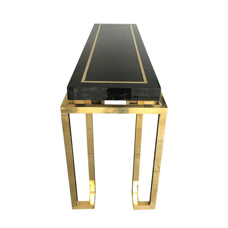 MAISON JANSEN STYLE BRASS AND BLACK LUCITE CONSOLE TABLE