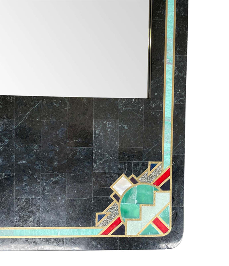 MAITLAND SMITH ART DECO STYLE TESSELLATED MARBLE MIRROR WITH BRASS INLAY