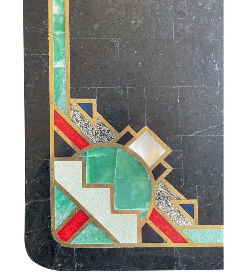 MAITLAND SMITH ART DECO STYLE TESSELLATED MARBLE MIRROR WITH BRASS INLAY