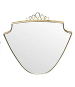 ORIGINAL 1950S ITALIAN BRASS SHIELD MIRROR WITH CENTRAL DECORATIVE TOP DETAIL