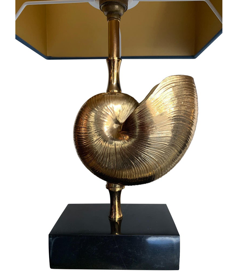 PAIR A BRASS "NAUTILUS" LAMPS IN THE STYLE OF MAISON CHARLES WITH BLUE SHADES