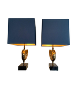 PAIR A BRASS "NAUTILUS" LAMPS IN THE STYLE OF MAISON CHARLES WITH BLUE SHADES