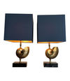 PAIR A BRASS "NAUTILUS" LAMPS IN THE STYLE OF MAISON CHARLES WITH BLUE SHADES