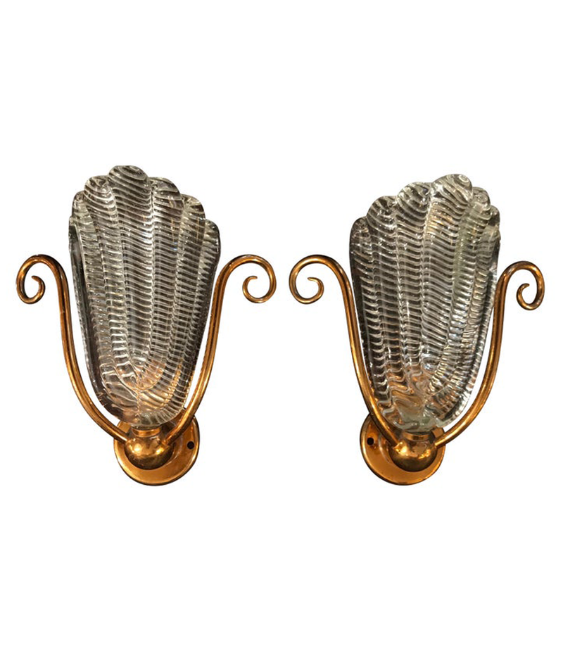 PAIR OF 1950S BAROVIER AND TOSO, MURANO GLASS WALL SCONCES WITH BRASS FITTINGS