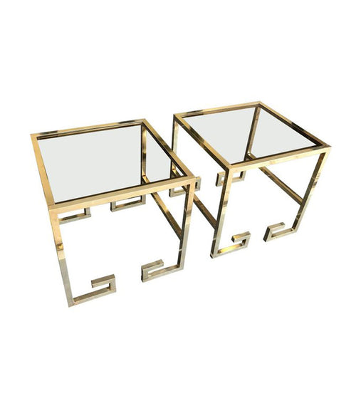 PAIR OF BRASS GREEK KEY DESIGN SIDE TABLES