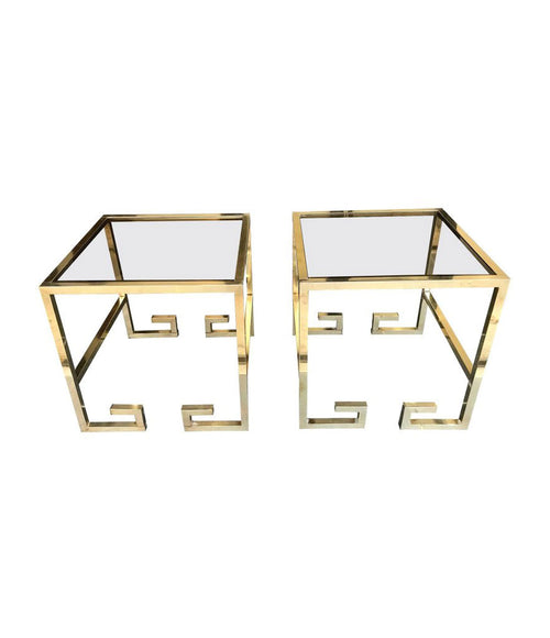 PAIR OF BRASS GREEK KEY DESIGN SIDE TABLES