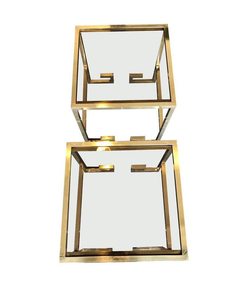 PAIR OF BRASS GREEK KEY DESIGN SIDE TABLES