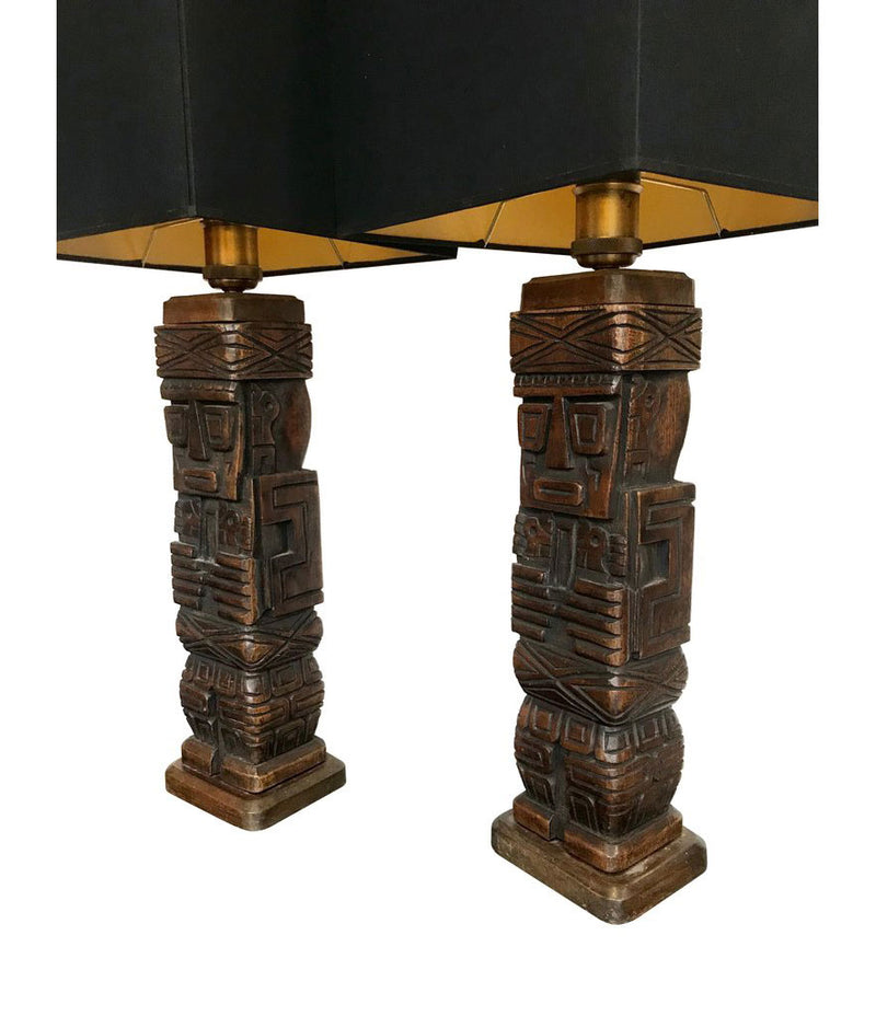 PAIR OF CARVED WOODEN TIKI LAMPS