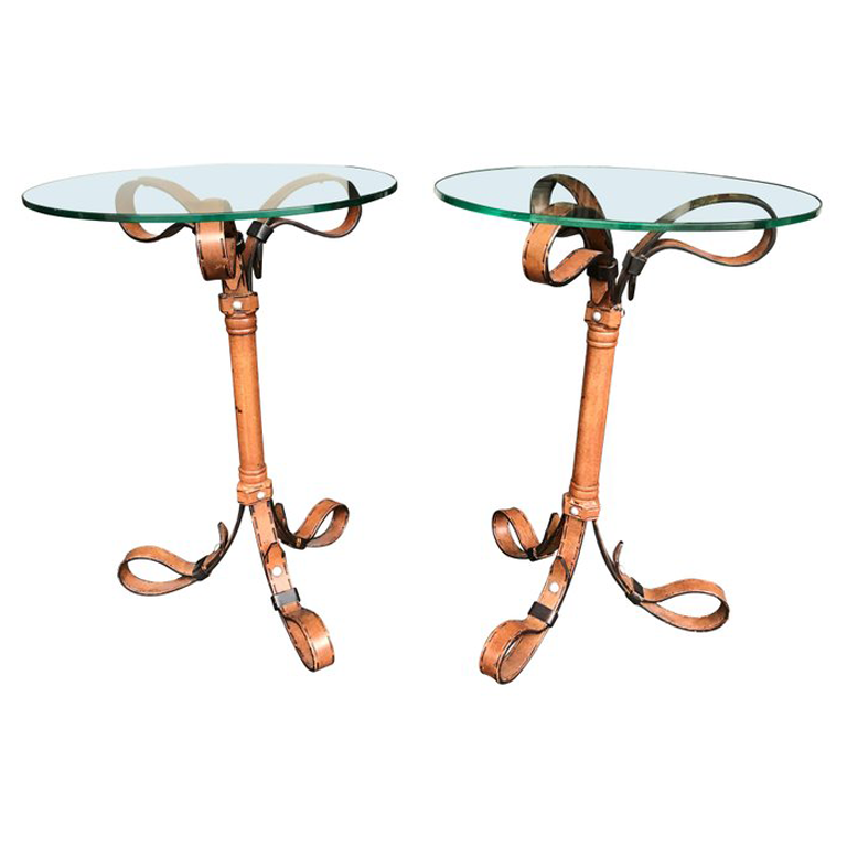 PAIR OF HERMES STYLE FAUX LEATHER STRAP SIDE TABLES