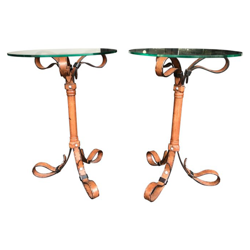 PAIR OF HERMES STYLE FAUX LEATHER STRAP SIDE TABLES