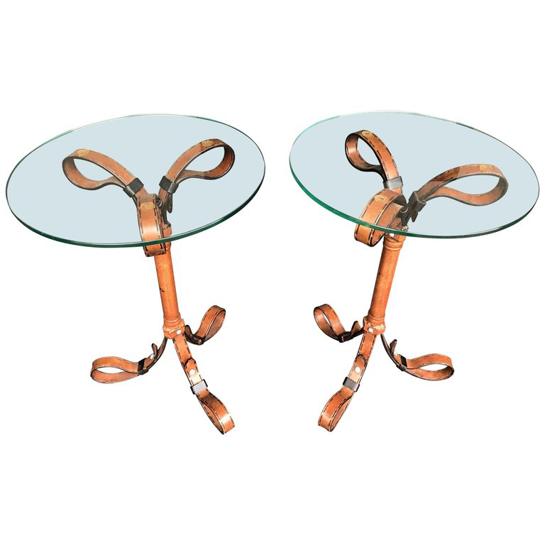 PAIR OF HERMES STYLE FAUX LEATHER STRAP SIDE TABLES