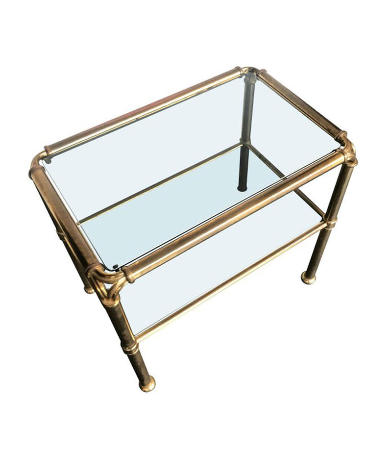 PAIR OF ITALIAN BRASS SIDE TABLES WITH SMOKED GLASS SHELVES