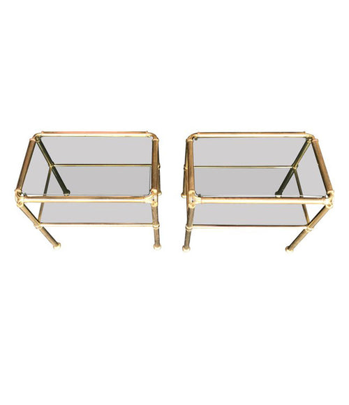 PAIR OF ITALIAN BRASS SIDE TABLES WITH SMOKED GLASS SHELVES