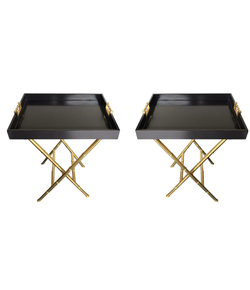 PAIR OF LACQUERED SIDE TABLES WITH BRASS FAUX BAMBOO LEGS AND HANDLES