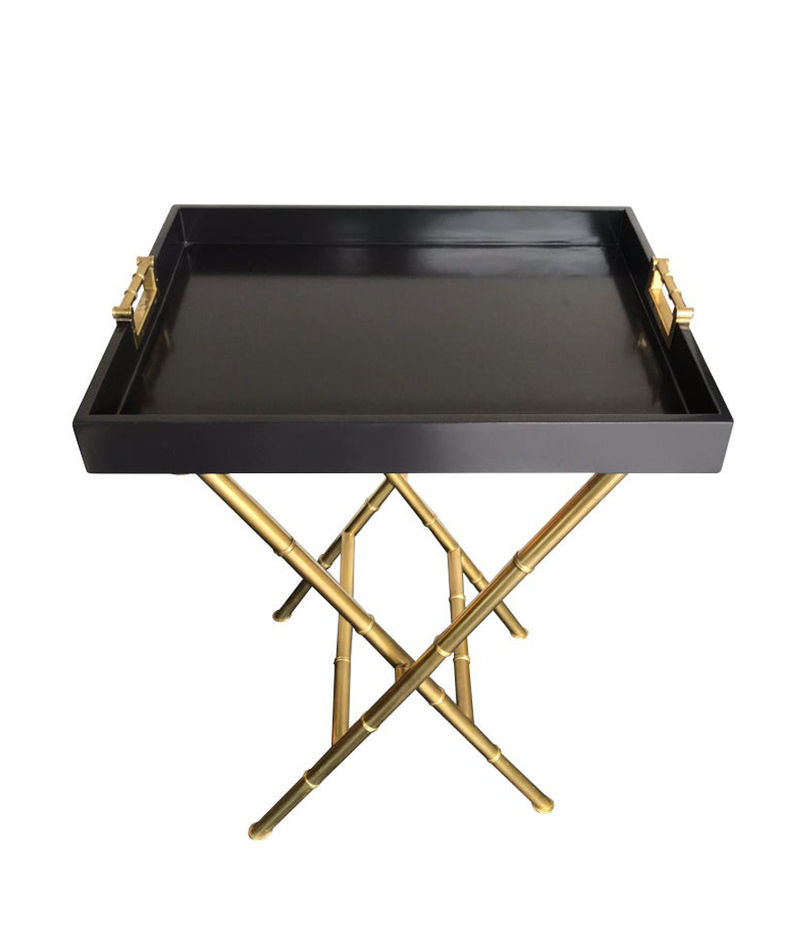 PAIR OF LACQUERED SIDE TABLES WITH BRASS FAUX BAMBOO LEGS AND HANDLES