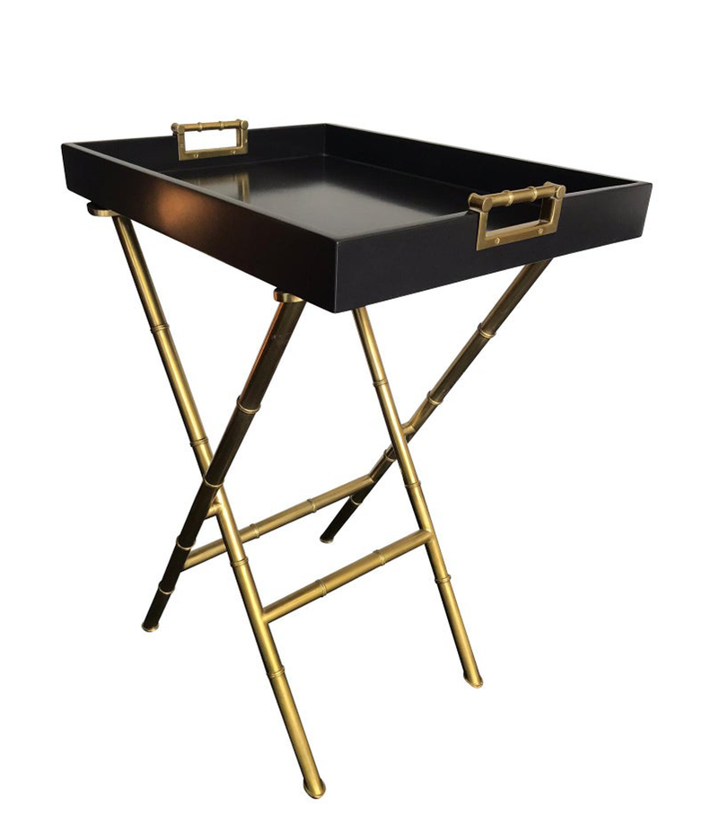 PAIR OF LACQUERED SIDE TABLES WITH BRASS FAUX BAMBOO LEGS AND HANDLES