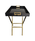 PAIR OF LACQUERED SIDE TABLES WITH BRASS FAUX BAMBOO LEGS AND HANDLES